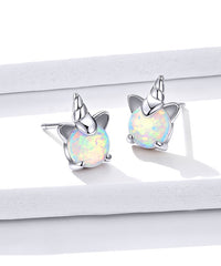 Einhorn Mädchen Ohrstecker 925 Sterling Silber / Synthetischer Opal