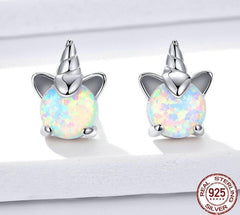 Einhorn Mädchen Ohrstecker 925 Sterling Silber / Synthetischer Opal