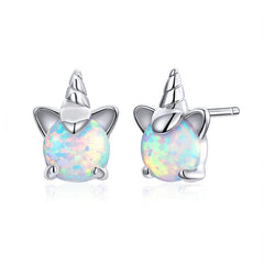 Einhorn Mädchen Ohrstecker 925 Sterling Silber / Synthetischer Opal