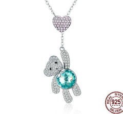 Mädchen Halskette mit Teddy-Bär Anhänger aus 925 Sterling Silber mit blauen Zirkonia Stein