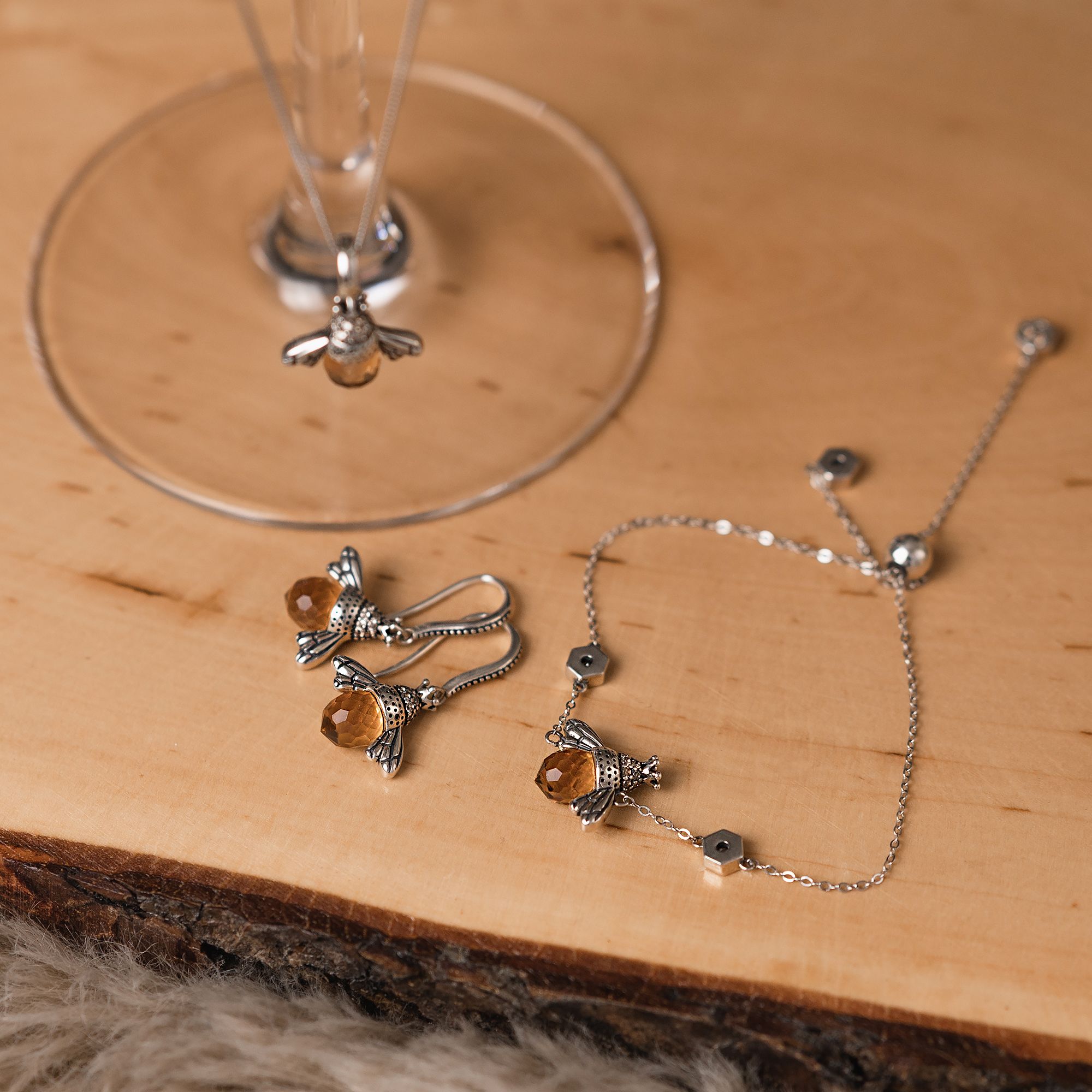 Damen Ohrringe  Bienen Anhänger mit Kristallstein 925 Sterling Silber