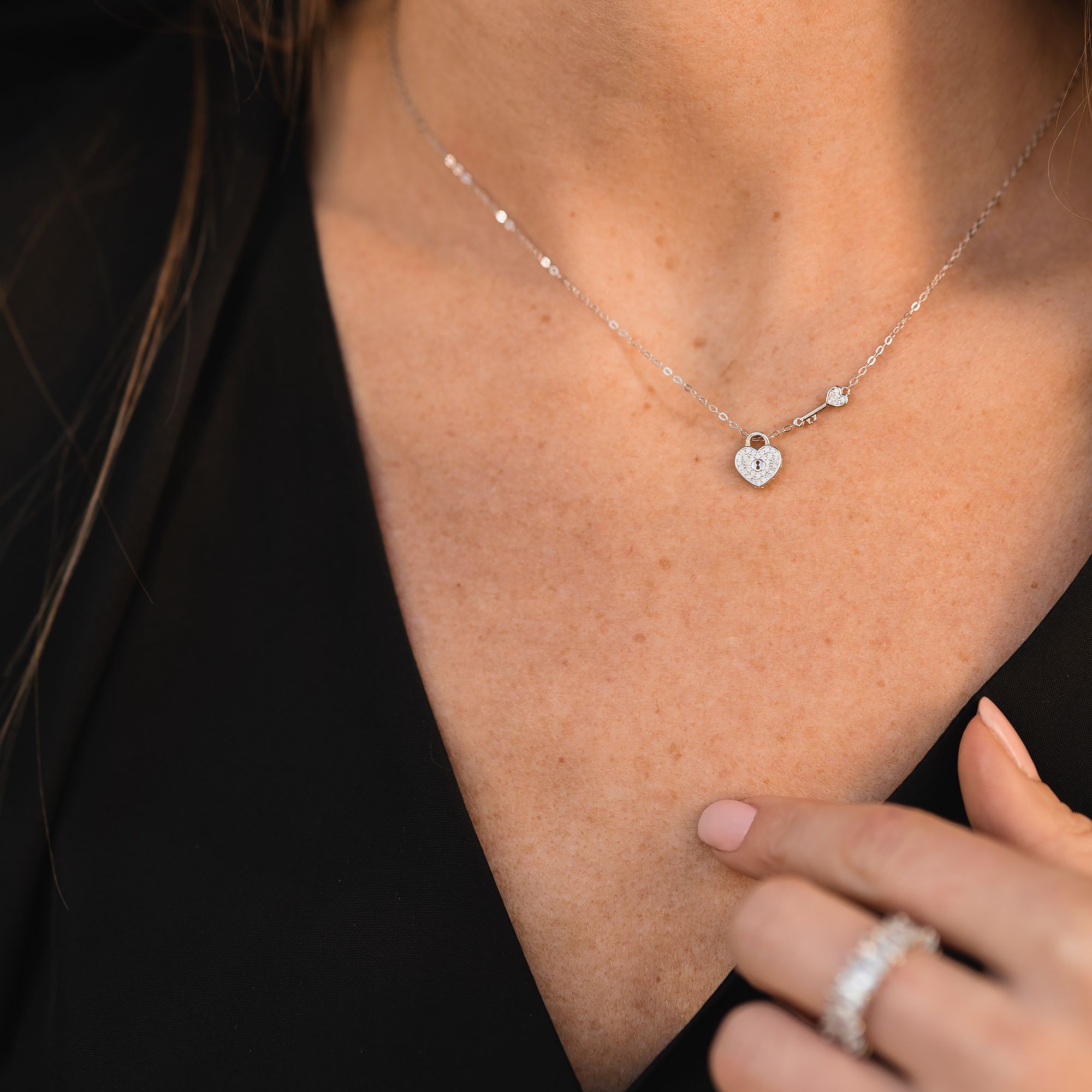 Zarte Damen Halskette mit Heart Lock & Key Anhänger aus 925 Sterling Silber