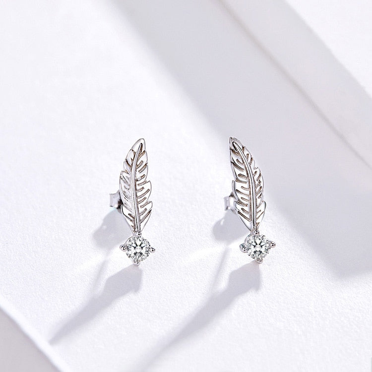 Damen Ohrringe Feder mit Zirkonia Stein 925 Sterling Silber