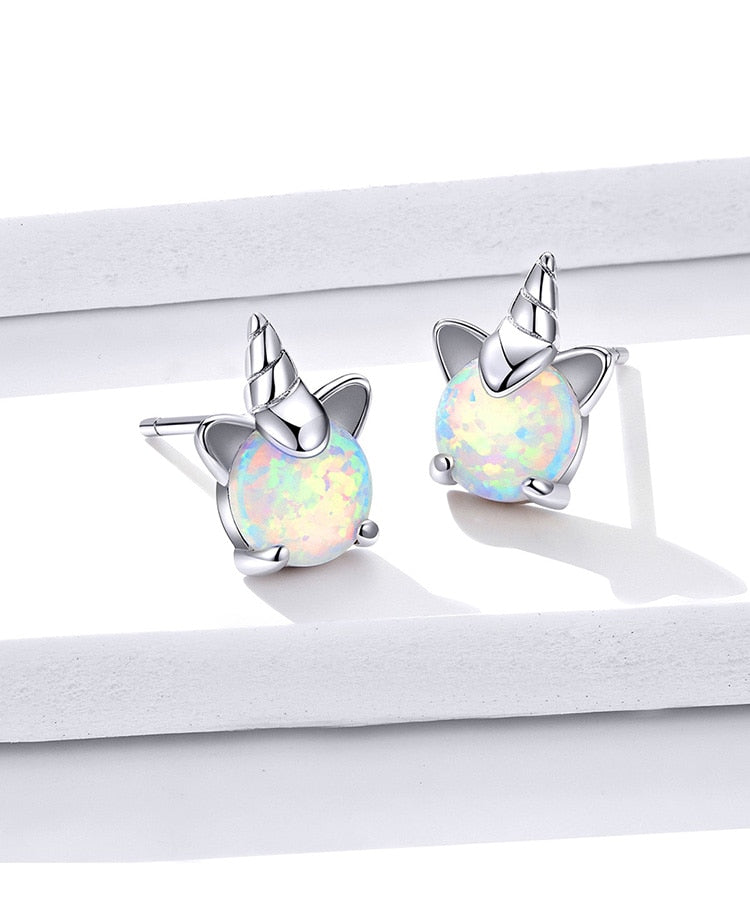 Einhorn Mädchen Ohrstecker 925 Sterling Silber / Synthetischer Opal