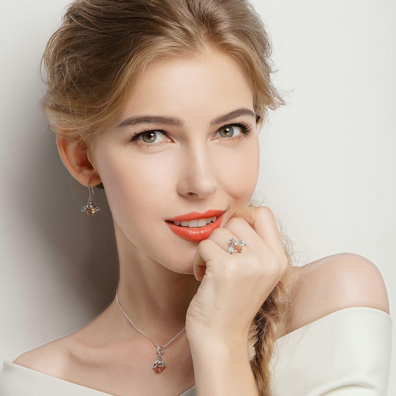 Damen Ohrringe  Bienen Anhänger mit Kristallstein 925 Sterling Silber