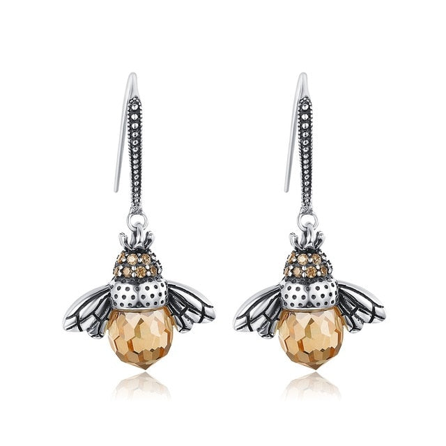 Damen Ohrringe  Bienen Anhänger mit Kristallstein 925 Sterling Silber